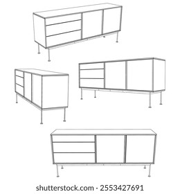 Sideboard Living Room Furniture isolated continuous line art flat vector illustration