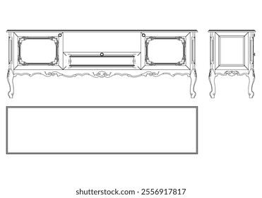 Sideboard for the living room hand-painted in different sizes and types, Elegant baroque and classical designs. Vector Illustration with Front, Side, and Top Views