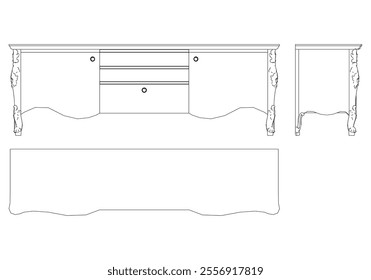 Sideboard for the living room hand-painted in different sizes and types, Elegant baroque and classical designs. Vector Illustration with Front, Side, and Top Views