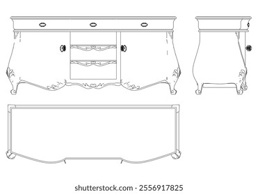 Sideboard for the living room hand-painted in different sizes and types, Elegant baroque and classical designs. Vector Illustration with Front, Side, and Top Views
