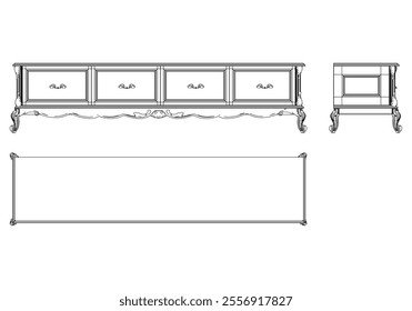 Sideboard for the living room hand-painted in different sizes and types, Elegant baroque and classical designs. Vector Illustration with Front, Side, and Top Views