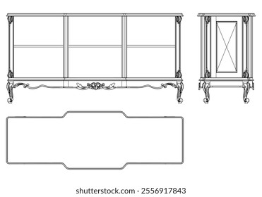 Sideboard for the living room hand-painted in different sizes and types, Elegant baroque and classical designs. Vector Illustration with Front, Side, and Top Views