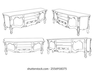 Sideboard outline vector collection. Elegant line art designs for contemporary living spaces. Ideal for interior design projects.