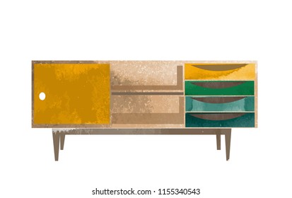 sideboard watercolor illustration. interior design hand drawn element. mid century modern furniture. 