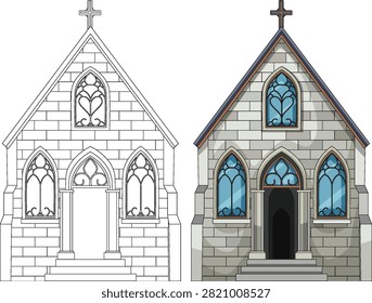 Side-by-side colored and outline Gothic chapel vectors with stained glass, stone texture, clean lines