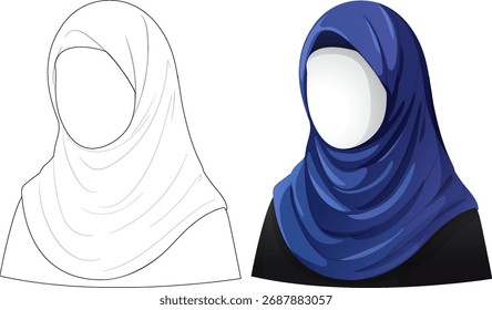 Side-by-side colored and outline vector of faceless woman in blue hijab, clean background