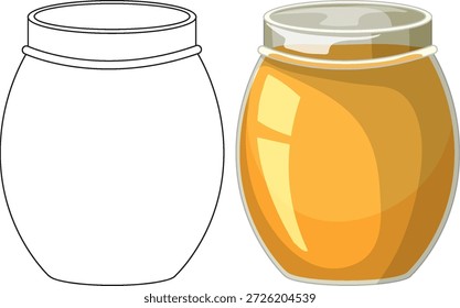 A side-by-side comparison of a colored honey jar and a black and white line drawing