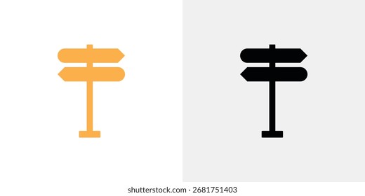 A side-by-side comparison of a directional signpost icon, one in orange and the other in black, against a light background.