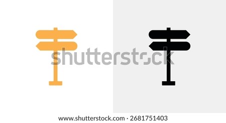 A side-by-side comparison of a directional signpost icon, one in orange and the other in black, against a light background.