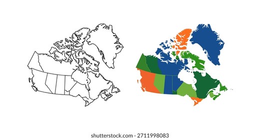 Una comparación lado a lado de un mapa delineado a mano de Canadá y un mapa colorido que muestra las divisiones provinciales.
