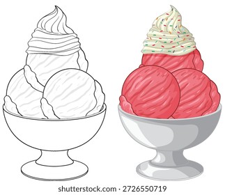 Side-by-side comparison of a line art and colored strawberry ice cream sundae vector illustration
