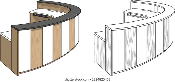 A side-by-side comparison of a modern curved reception desk design, featuring a colored rendered version and a detailed black and white line drawing.