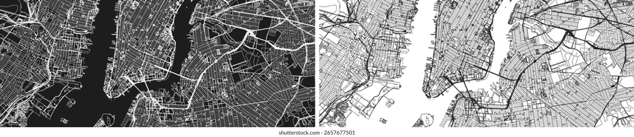 Vergleich von New York City Straßenkarten in dunklen und hellen Farbschemata