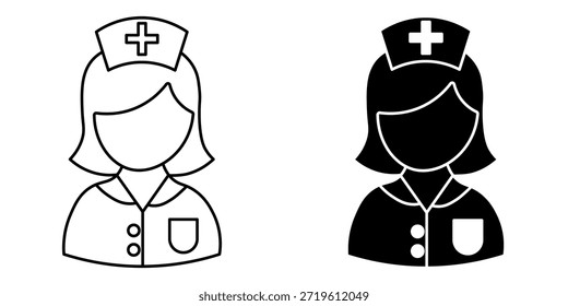 Comparación lado a lado de un icono de enfermera, uno en el contorno y el otro en la silueta negra sólida, ambos con una gorra de enfermera con una cruz.