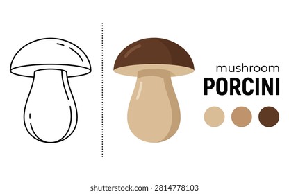 A side-by-side comparison of a porcini mushroom, presented as a detailed line drawing and a fully colored illustration, showcasing its form and hues.