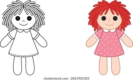 A side-by-side comparison of a rag doll, showing an uncolored line art version next to a fully colored version with a pink polka dot dress.