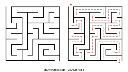 Comparação lado a lado de um labirinto simples e sua versão resolvida com um caminho pontilhado vermelho indicando a solução.