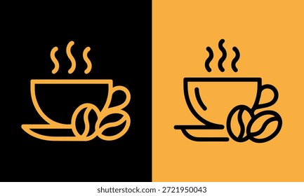 A side-by-side comparison of a stylized hot coffee cup icon with steam and coffee beans on a black and orange background.