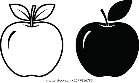 Una comparación lado a lado de dos iconos de manzana. La izquierda es un contorno negro con un relleno blanco, y la derecha es una silueta negra sólida.