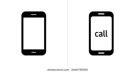 A side-by-side comparison of two black phone icons. The left phone features a blank white screen; the right phone shows the word call in a simple font.