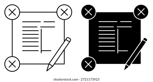 Comparación lado a lado de dos iconos, uno en esquema y otro en silueta, que representan un documento con líneas de texto, marcadores de esquina y un lápiz para anotación.