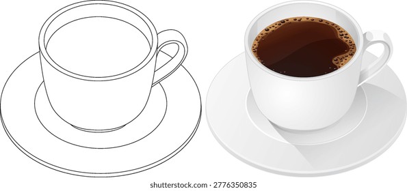 Side-by-side line art and realistic vector coffee cup with saucer, top-down perspective