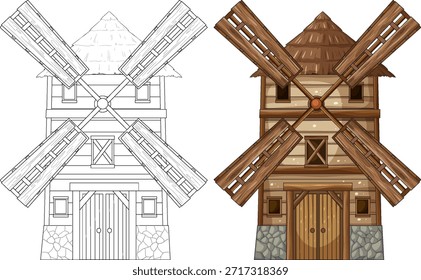 Molino de viento de madera rústico lado a lado, Vector de color detallado y dibujo de contorno limpio