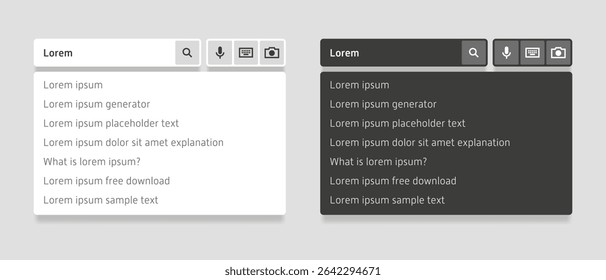 Side-by-side UI mockup of light and dark search interfaces with “Lorem” typed in, showing icons and trending autocomplete suggestions in clean contrast.