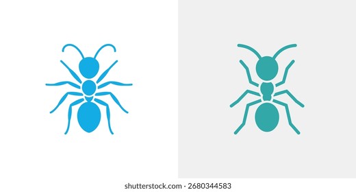 Gráficos vetoriais lado a lado exibindo dois ícones de formigas estilizados, um em azul vibrante e o outro em azul escuro, cada um definido contra um fundo diferente de branco e cinza.