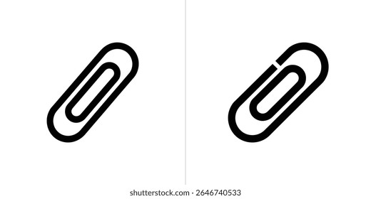 Vista lado a lado de dois ícones distintos de clipe de papel preto contra um pano de fundo branco imaculado. Um clipe de papel mostra uma separação, adicionando um elemento gráfico exclusivo.