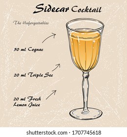 Sidecar alcohol cocktail recipe vector sketch, cognac, lemon juice.