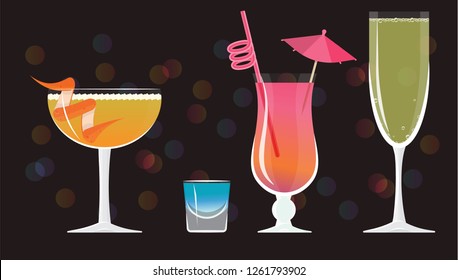 Sidecar cocktail, Blue Kamikaze ,French 75, Mai Tai ,Bellini cocktails  on black mirrored background with bokeh. Vector illustration for web and print,  party invitation or menu decoration