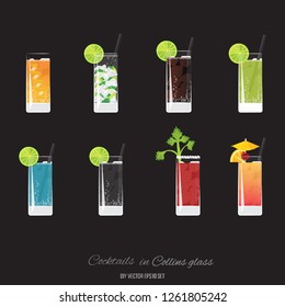 Sidecar cocktail, Mojito, Cuba libre, Green lemonader, Royal Blue, Soda, Bloody Marry,  Tequila Sunrise cocktails set for web and print decoratio, for menu and invitations elegant vector