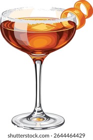 Sidecar cocktail with orange twist garnish and sugar rim in coupe glass. Watercolor illustration of classic cognac and citrus drink on beige background. 