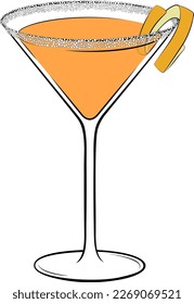 Sidecar cocktail with a sugar rim and an orange peel on a glass. Classic alcoholic beverage vector illustration