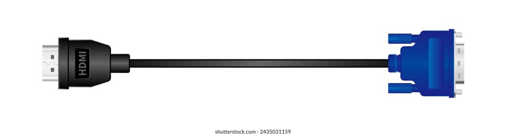 Side-facing conversion cable _hdmi type-A_ male_analog RGB (VGA)mini d-sub15 pin_ male illustration.