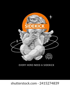 sidekick slogan eye censored on boy angel hand drawn vector illustration on black background