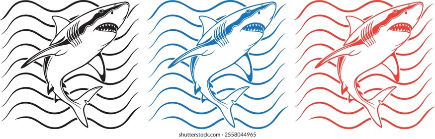 A side-profile vector of a shark swimming, with its fins extended and sharp teeth visible. Wavy water lines in the background for depth. Black and white illustration.

