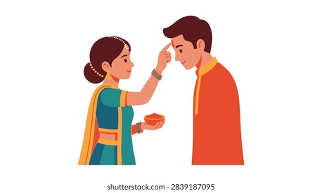 Side-profile vector of a sister in ethnic attire performing a traditional ceremony, applying tilak to her brother's forehead to celebrate cultural sibling bonds on a plain background.