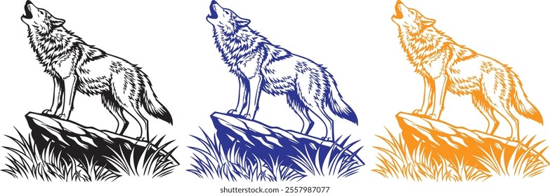 A side-profile vector of a wolf standing on a rugged cliff