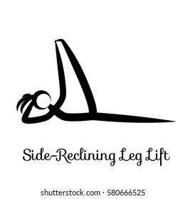 Side-Reclining Leg Lift, Anantasana. Yoga Position. Vector Silhouette Illustration. Vector graphic design or logo element for spa center, studio, poster. Yoga retreat. Black. Isolated.