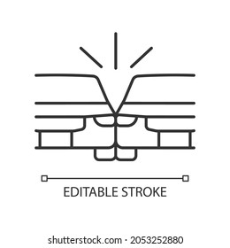 Sideswipe car accident linear icon. Blind spot crash. Changing lanes risk. Hit and run collision. Thin line customizable illustration. Contour symbol. Vector isolated outline drawing. Editable stroke