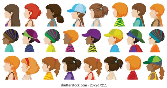 Sideview of the different faces of human beings on a white background