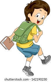 Sideview Illustration Of A Little Kid Boy Student Carrying A Backpack And A Book