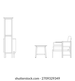 A side-view illustration revealing the sofa’s angled backrest and supporting frame. The coffee table’s slim legs and open lower shelf structure are visible along its length.