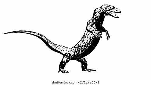 Ilustración del dragón de Komodo en blanco y negro, larga cola extendida, con escamas finamente detalladas y estilo de grabado clásico.
