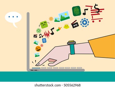Sideview of laptop with hand touching a button for apps and shortcuts. Editable Clip Art.
