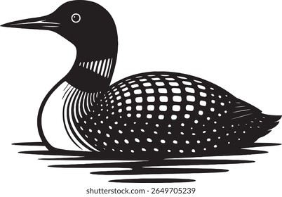 Side-view loon vector illustration floating on water. Features speckled black-and-white feathers and smooth lines in a minimalist style. Ideal for wildlife icons, logos, and nature themes