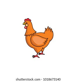 Side-view portrait of brown hen, chicken, hand-drawn vector illustration isolated on white background. Standing brown chicken, hand-drawn illustration