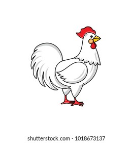 Side-view portrait of white rooster, chicken, hand-drawn vector illustration isolated on white background. Standing white rooster, hand-drawn illustration